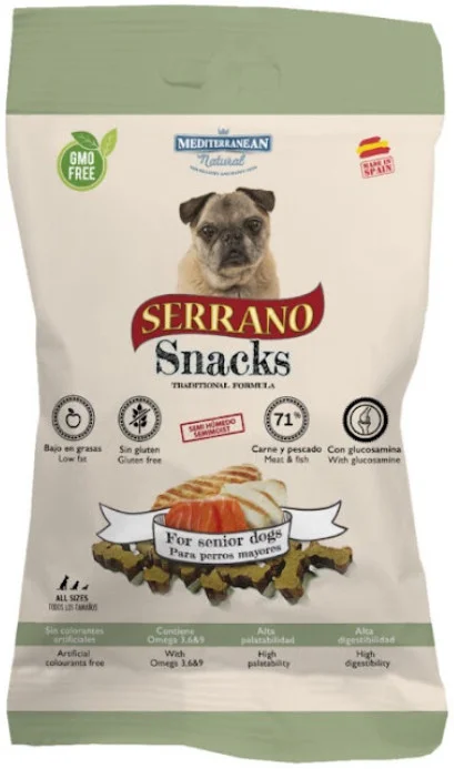 Φωτογραφία προϊόντος: Mediterranean serrano snacks για υπερήλικα σκυλιά με ζαμπόν και γαλοπούλα 100gr MEDITERRANEAN (2066766)