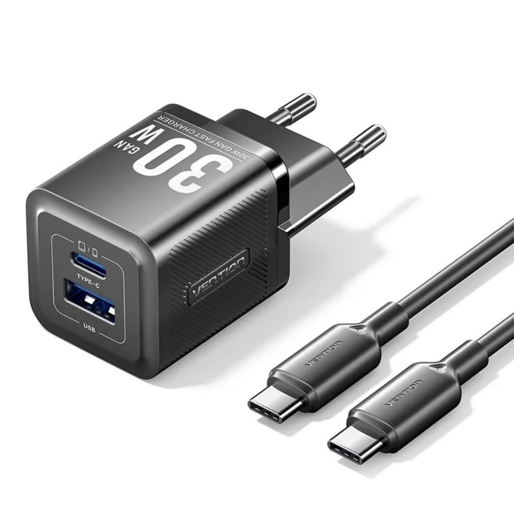 Φωτογραφία προϊόντος: VENTION 2-Port USB (C + A) GaN Charger (70W/22.5W) with 5A USB-C to USB-C Cable (1M) EU-Plug Black (TZ-FCGB0-EU) (VENTZ-FCGB0-EU)