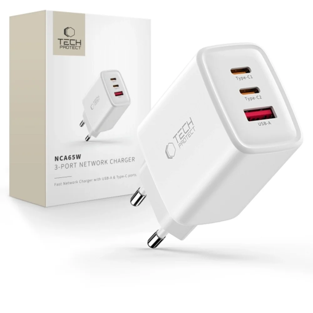 Φωτογραφία προϊόντος: Tech-Protect Tech‑Protect Φορτιστής NCA65W‑GAN USB-A / 2x Type-C PD 65W / QC3.0 White