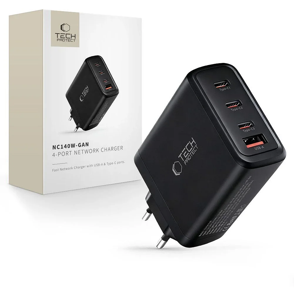 Φωτογραφία προϊόντος: Tech-Protect Φορτιστής NC140W‑GaN με Θύρες 3x Type-C και 1x USB-A PD 140W / QC3.0 Black