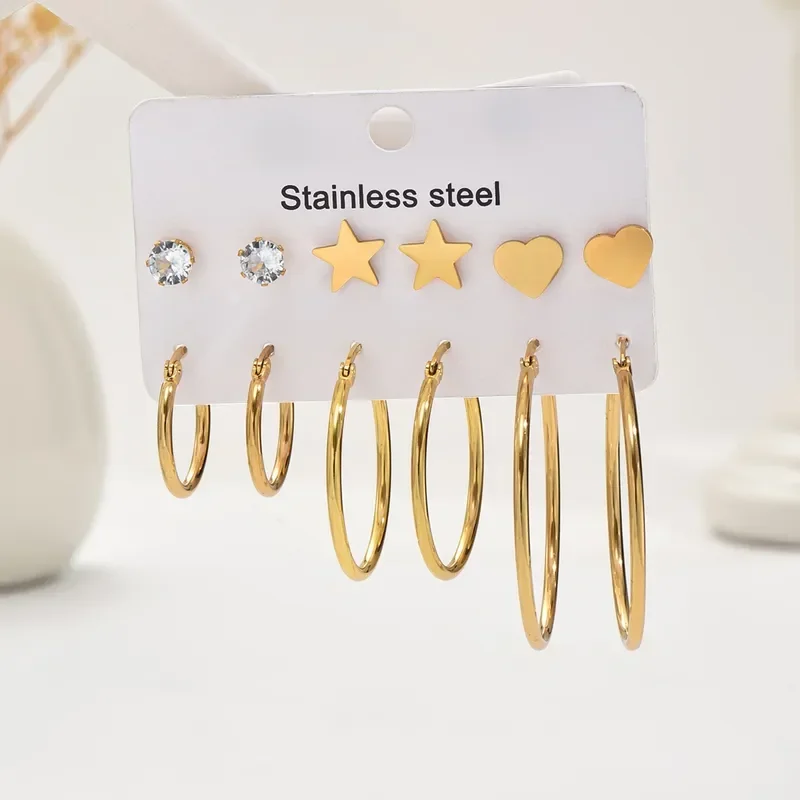 Φωτογραφία προϊόντος: Peach Jewelry Σετ 6 τεμ Μοντέρνα Γραμμή Κρίκοι Αστέρι Καρδιά Από Ανοξείδωτο Ατσάλι 316