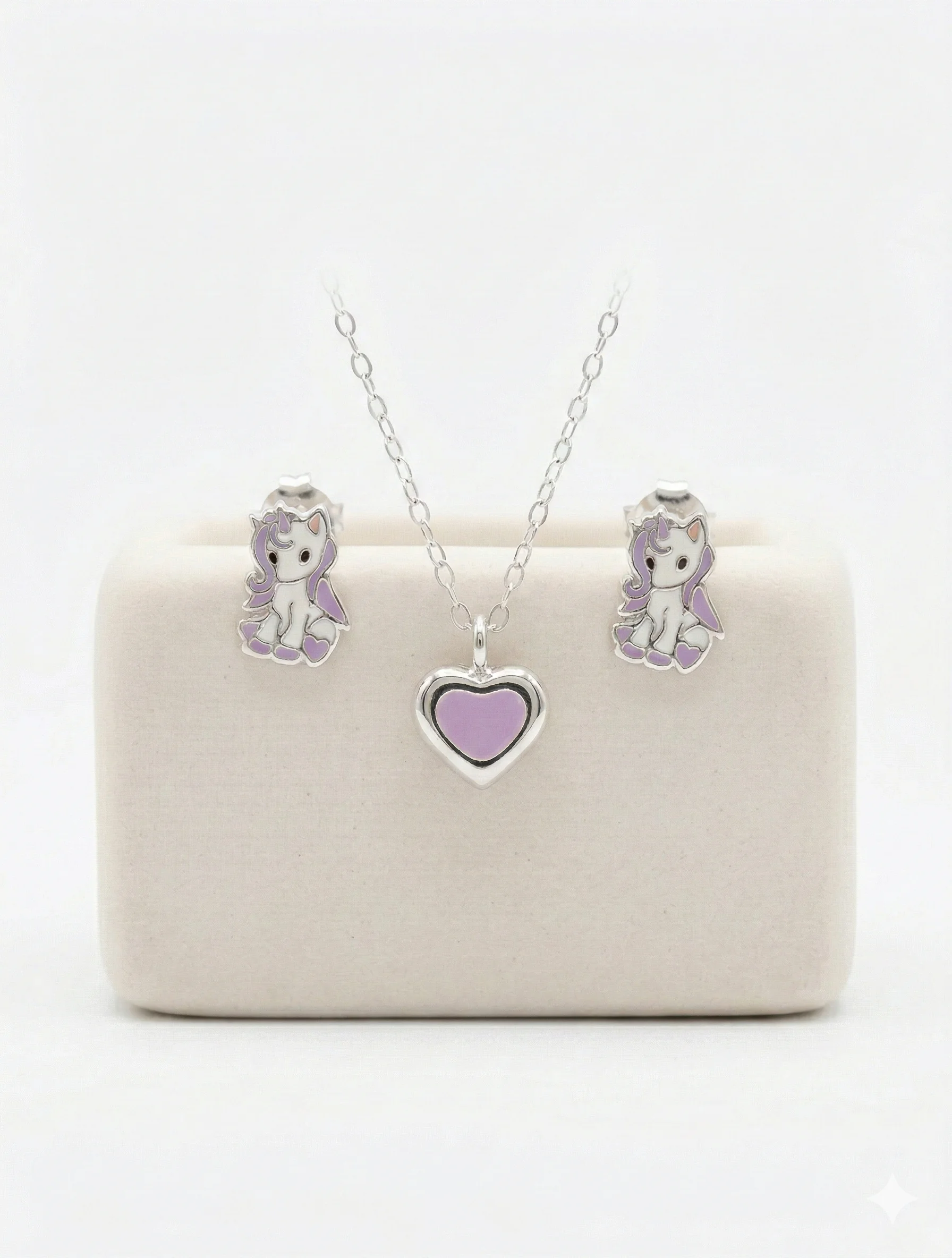 Φωτογραφία προϊόντος: Peach Jewelry Παιδικό Σετ Κοσμημάτων Μονόκερος & Καρδιά: Ασημένια Κολιέ & Σκουλαρίκια