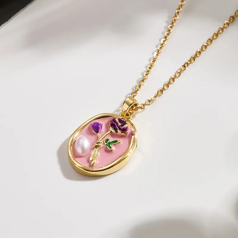 Φωτογραφία προϊόντος: Peach Jewelry Μενταγιόν Τριαντάφυλλο Οβάλ Ροζ Με Ζιρκόν Και Πέρλα Ανοξείδωτο Ατσάλι 304