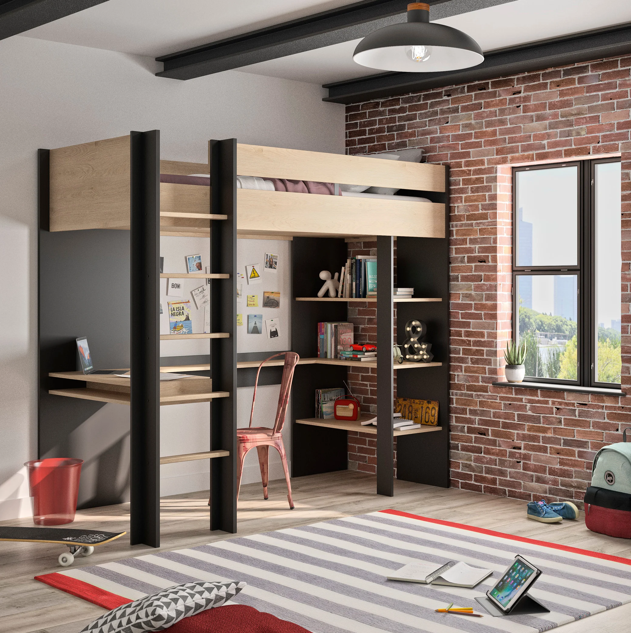 Φωτογραφία προϊόντος: INSIDE Duplex Mezzanine Κρεβάτι μονό ψηλό με γραφείο & βιβλιοθήκη 210x109x192εκ. Black/Natural Chestnut