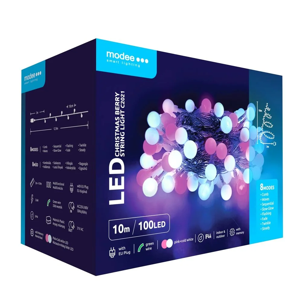 Φωτογραφία προϊόντος: Modee Lighting Modee Christmas LED Λαμπάκια Τύπου Berry με Βύσμα (100LED/10m/10cm) Ροζ + Ψυχρό