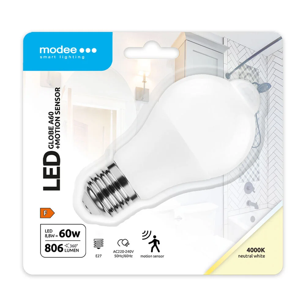 Φωτογραφία προϊόντος: Modee Lighting Modee LED Smart Σφαιρική Λάμπα με Αισθητήρα PIR A60 8,8W E27 270° 4000K (806 lumen)