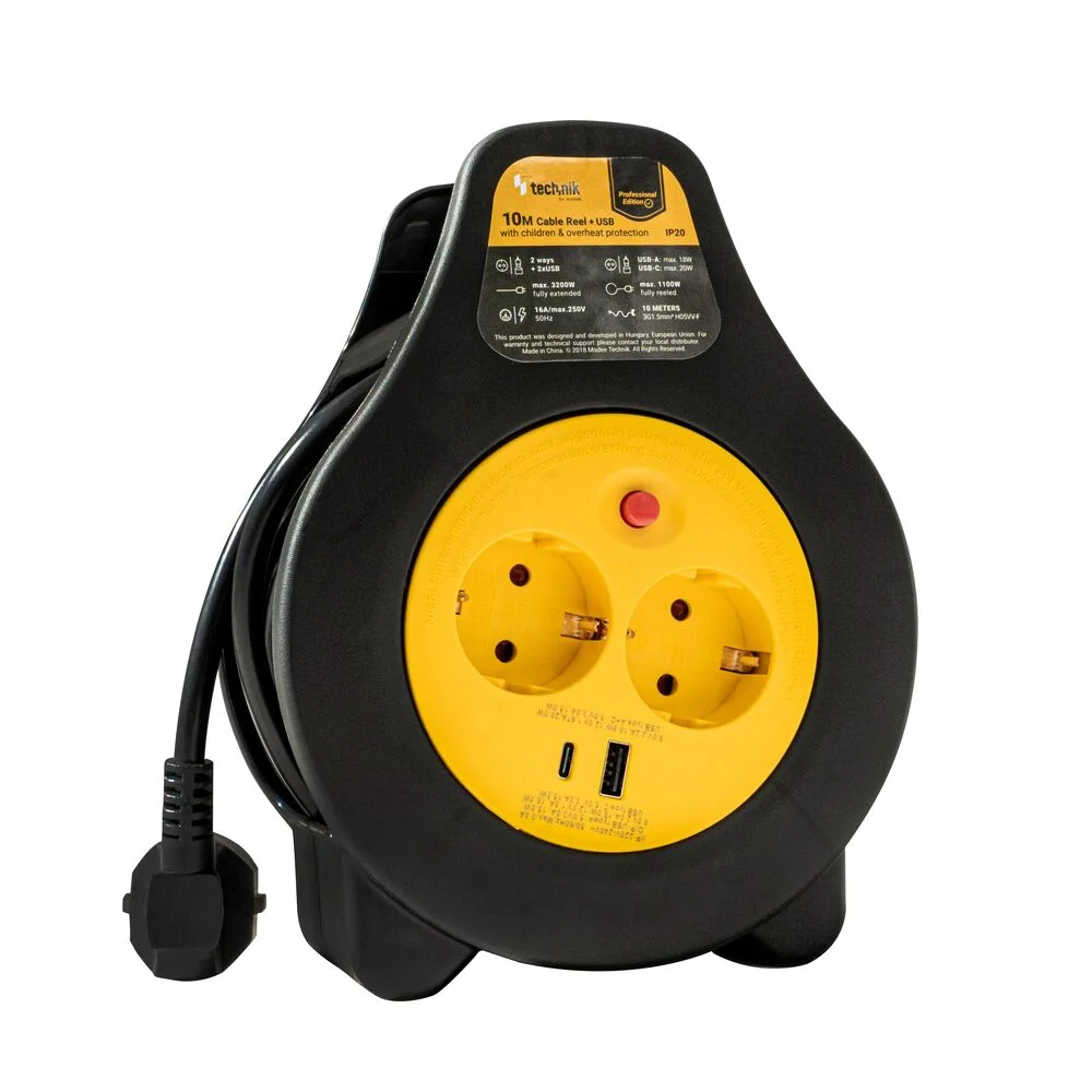 Φωτογραφία προϊόντος: Technik Professional Στροφείο 2 Θέσεων +1 x USB-A +1 x USB-C 10m 1,5mm2 16A