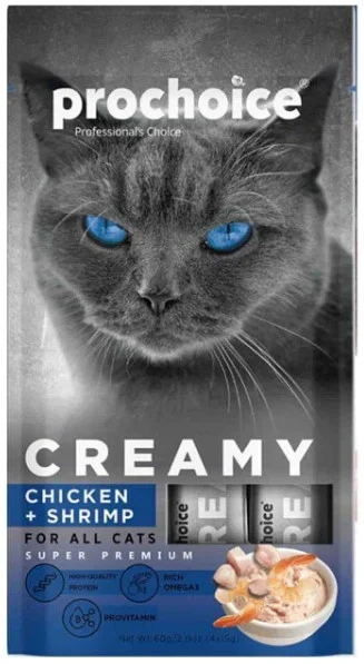Φωτογραφία προϊόντος: Prochoice Λιχουδιές Creamy με Κοτόπουλο και Γαρίδες (4x15gr) 60gr Prochoice (2072223)