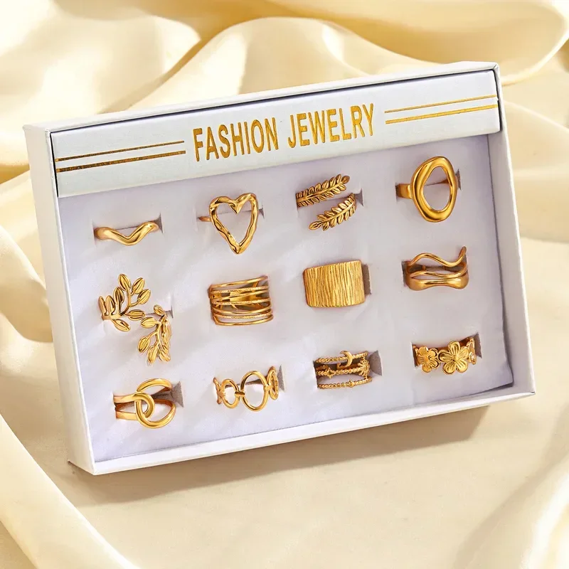 Φωτογραφία προϊόντος: Peach Jewelry Δαχτυλίδι Σετ 12 τεμ Ρετρό Στυλ Γεωμετρικό Από Ανοξείδωτο Ατσάλι 304 Επιχρυσωμένο