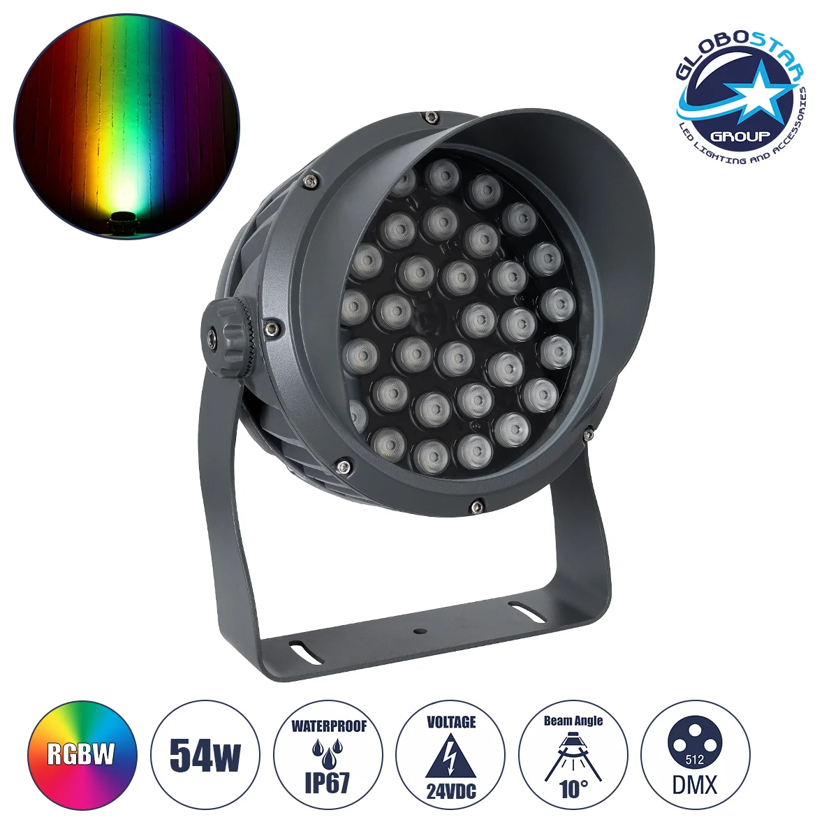 Φωτογραφία προϊόντος: GloboStar® FLOOD-DIMO 90745 Προβολέας Wall Washer με Αντιθαμβωτική Γρίλια για Φωτισμό Κτιρίων LED 54W 4590lm 10° DC 24V Αδιάβροχο IP67 Μ26 x Π28 x Υ35cm RGBW DMX512 - Γκρι Ανθρακί
