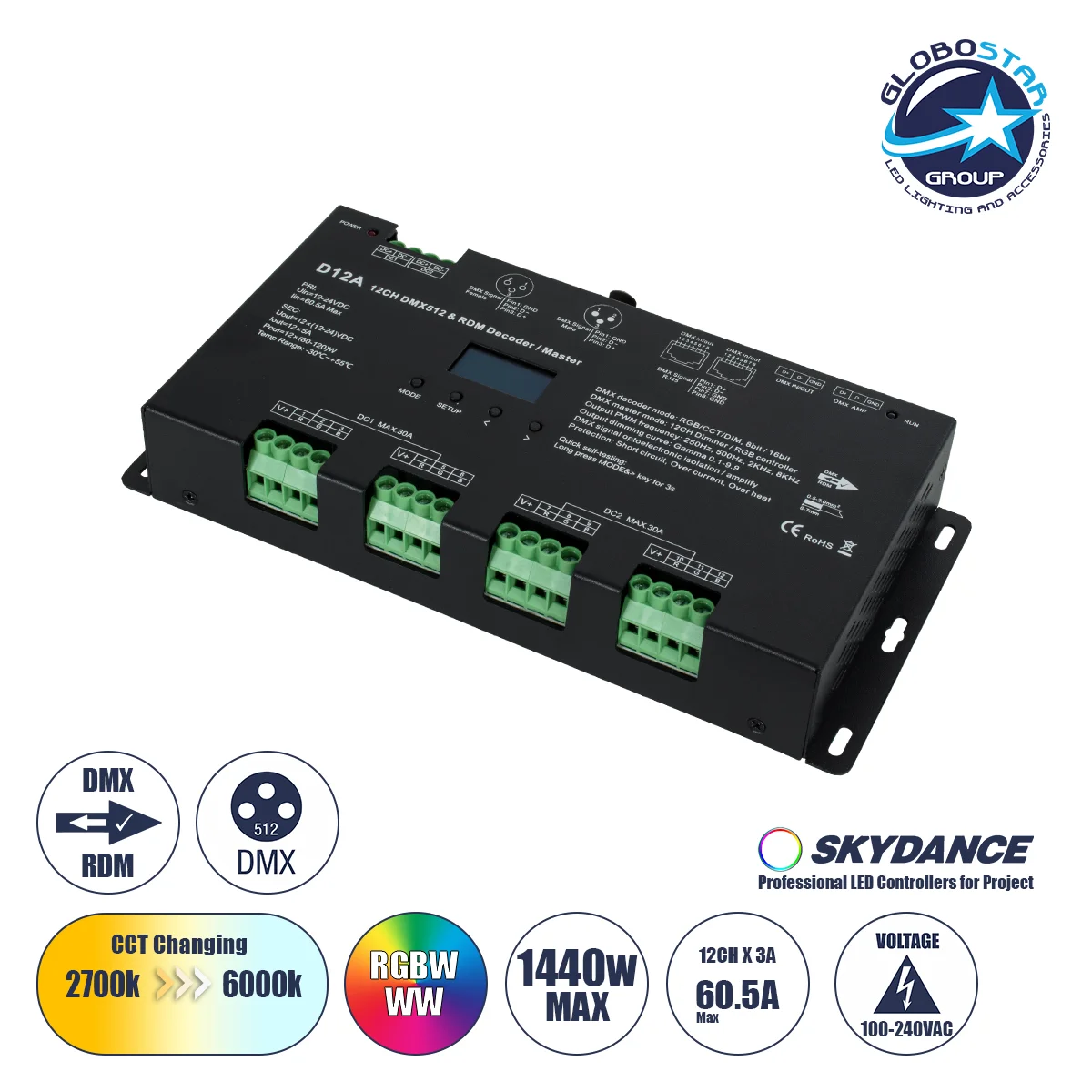 Φωτογραφία προϊόντος: GloboStar® 71451 D12A SKYDANCE DC DMX + RDM Dimmer High Speed Controller / Decoder / Master 12 Καναλιών DC 12-24V 12 x 5A 120W - Max 60.5A 1440W - IP20 Μ25 x Π11.5 x Υ4cm - 5 Years
