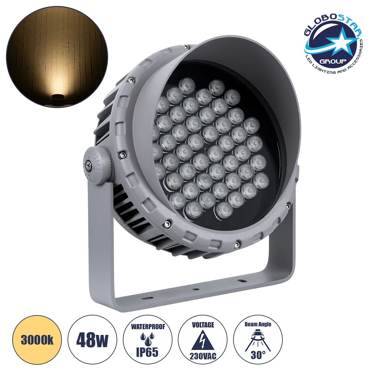 Φωτογραφία προϊόντος: GloboStar® FLOOD-MENA 90646 Προβολέας Wall Washer με Αντιθαμβωτική Γρίλια για Φωτισμό Κτιρίων LED 48W 4320lm 30° AC 220-240V Αδιάβροχο IP65 Φ25 x Υ18cm Θερμό Λευκό 3000K - Ασημί -
