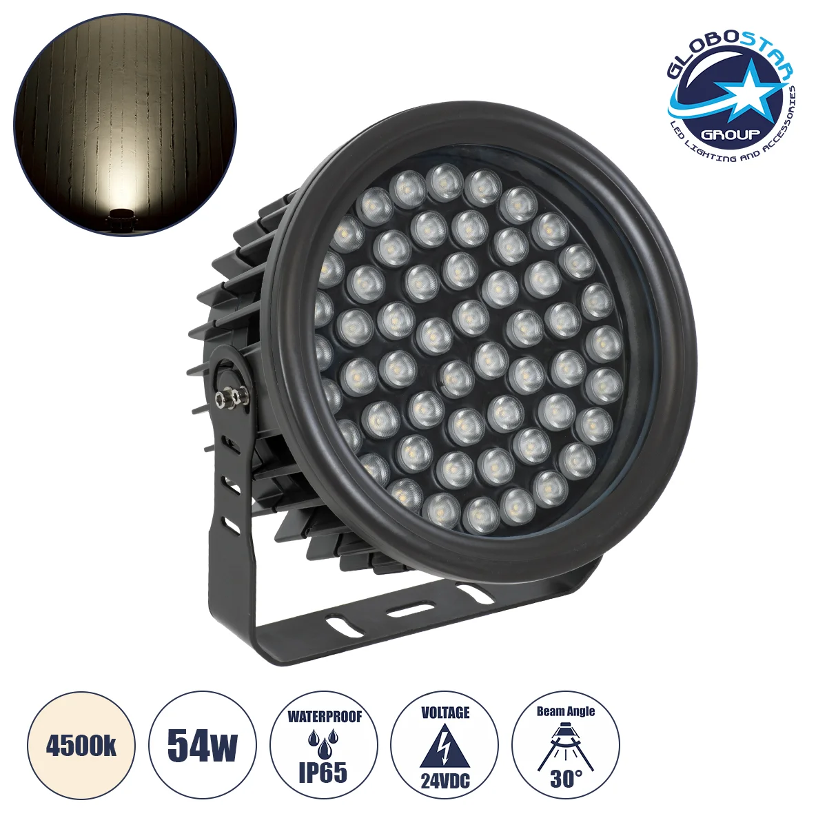 Φωτογραφία προϊόντος: GloboStar® FLOOD-NEVA 90399 Προβολέας Wall Washer για Φωτισμό Κτιρίων LED 54W 5130lm 30° DC 24V Αδιάβροχο IP65 L24.5 x W24.5 x H14.7cm Φυσικό Λευκό 4500K - Μαύρο - 3 Years Warranty