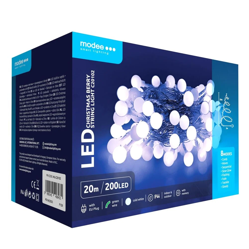 Φωτογραφία προϊόντος: Modee Lighting Modee Χριστουγεννιάτικα Λαμπάκια LED Τυπού Berry με Βύσμα (200LED/20m/10cm) Ψυχρό Λευκό