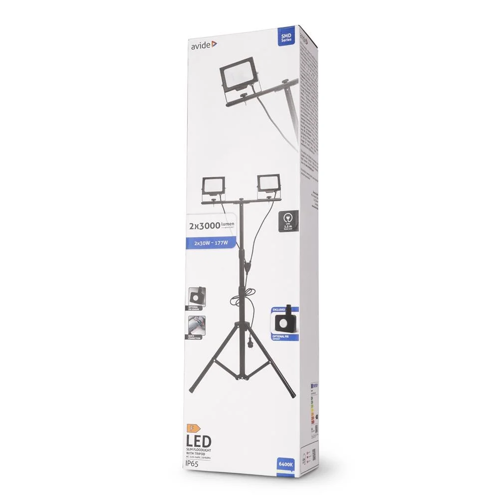 Φωτογραφία προϊόντος: Avide LED Flood Light Slim Αισθητήρας PIR, SMD 2x30W CW 6400K 2 Κεφαλές με Τρίποδο