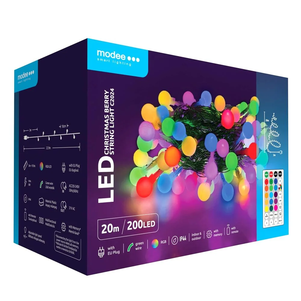 Φωτογραφία προϊόντος: Modee Lighting Modee Χριστουγεννιάτικα Λαμπάκια LED Τύπου Berry με Βύσμα + Τηλεχειριστήριο (200LED/20m/10cm) RGB