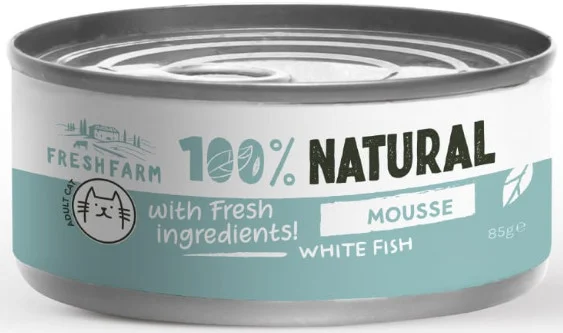 Φωτογραφία προϊόντος: Fresh Farm Πλήρης υγρή τροφή για ενήλικες γάτες σε μορφή μους με λευκό ψάρι 85gr FRESH FARM (2069279)