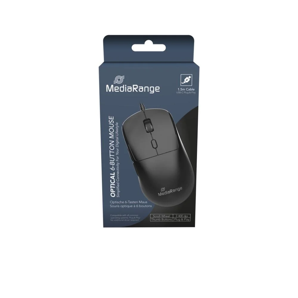 Φωτογραφία προϊόντος: MediaRange Wired Optical 6-Button Mouse, Scroll-Wheel,800 - 2.400 dpi,1.5m USB-C Cable, Black (MROS271)