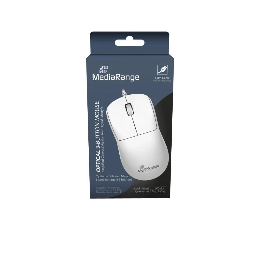 Φωτογραφία προϊόντος: MediaRange Wired Optical 3-Button Mouse with Scroll-Wheel, 1.000 dpi, Symmetrical, 1.5m Cable, White) (MROS255)