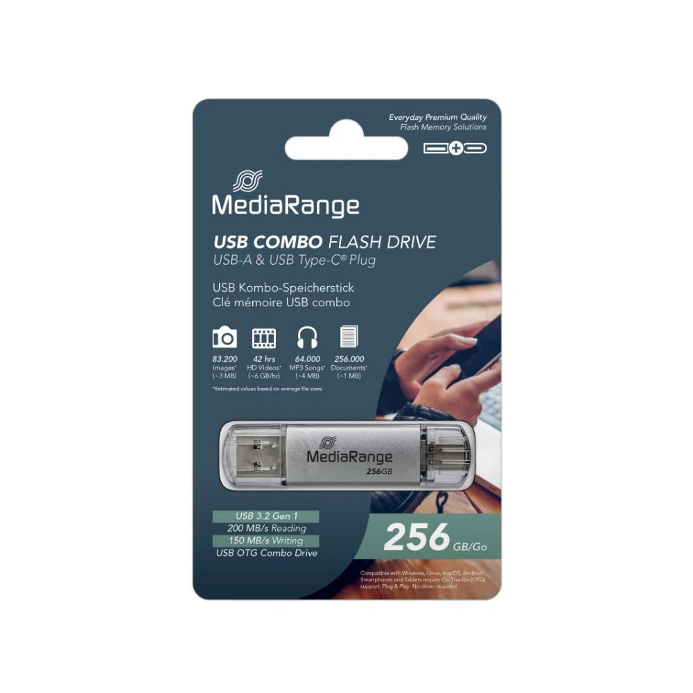 Φωτογραφία προϊόντος: MR SSD & USB FLASH DRIVES & MEMORY CARDS MediaRange USB 3.2 Gen 1 Combo Flash Memory Drive with USB-A and USB-C®, with Protective Caps, Silver, 256GB (MR939-1)