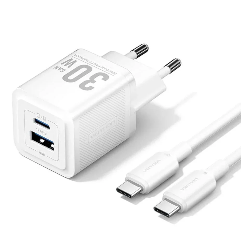 Φωτογραφία προϊόντος: VENTION 2-Port USB (C + A) GaN Charger (70W/22.5W) with 5A USB-C to USB-C Cable (1M) EU-Plug White (TZ-FCGW0-EU) (VENTZ-FCGW0-EU)