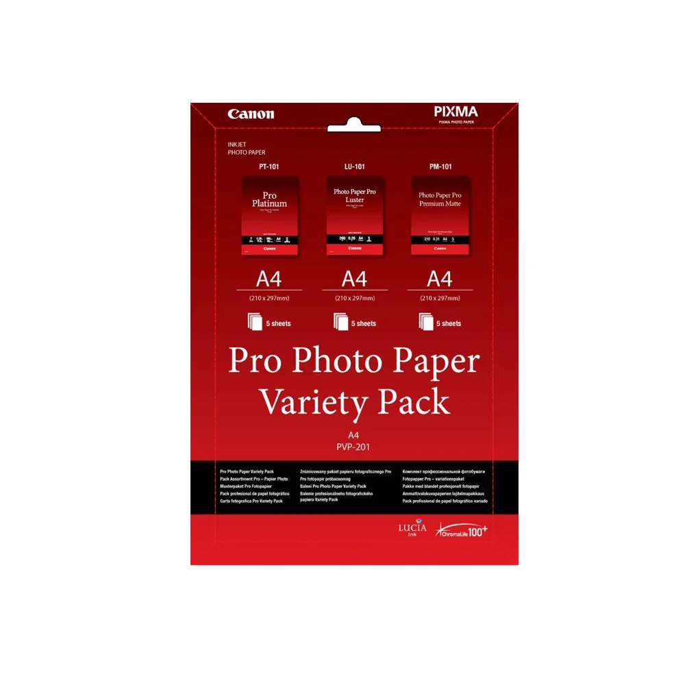 Φωτογραφία προϊόντος: Φωτογραφικό Χαρτί Canon Variety Pack A4 PVP-201 (PT-101, LU-101 & PM-101) (6211B021) (CAN-PVP-201)