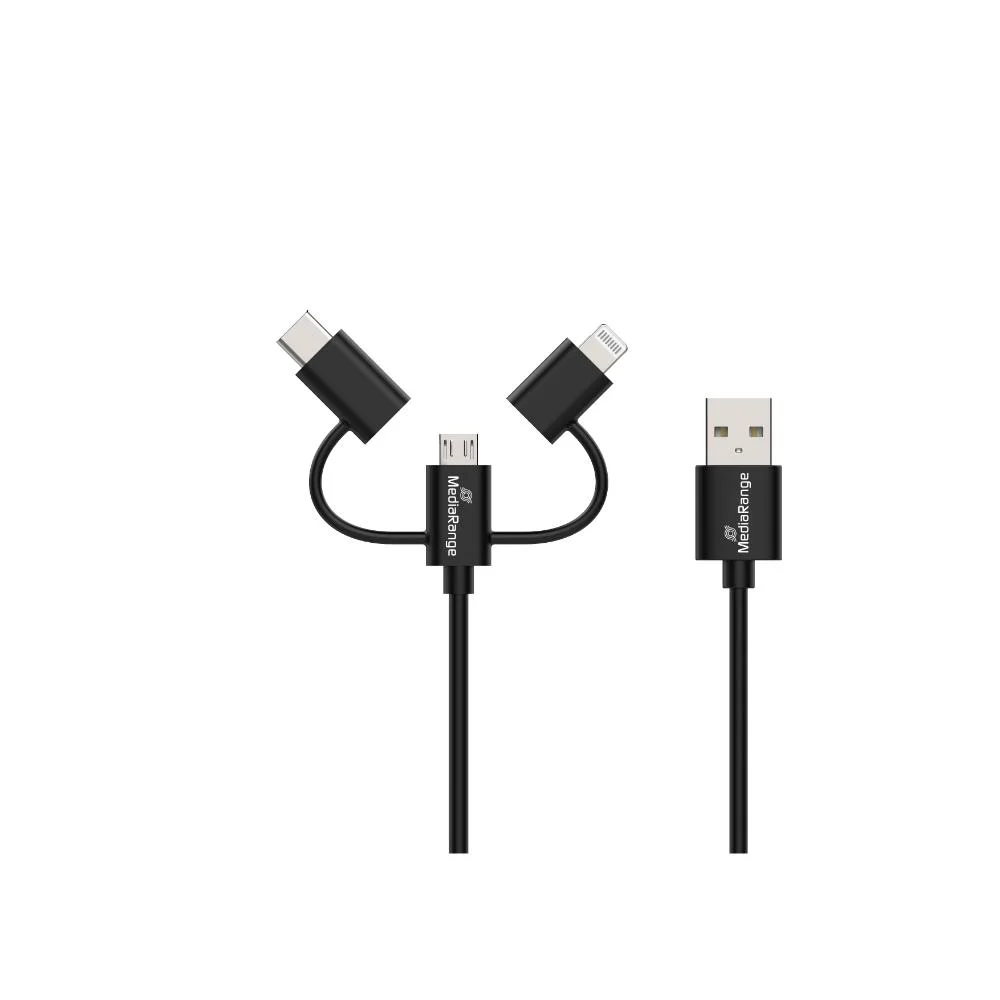 Φωτογραφία προϊόντος: MediaRange 3-in-1 Charge and Sync Cable, micro USB, USB Type-C® and Apple Lightning® Connectors, USB 2.0 480 Mbps, 12W max., 1.0m, Black (MRCS246)