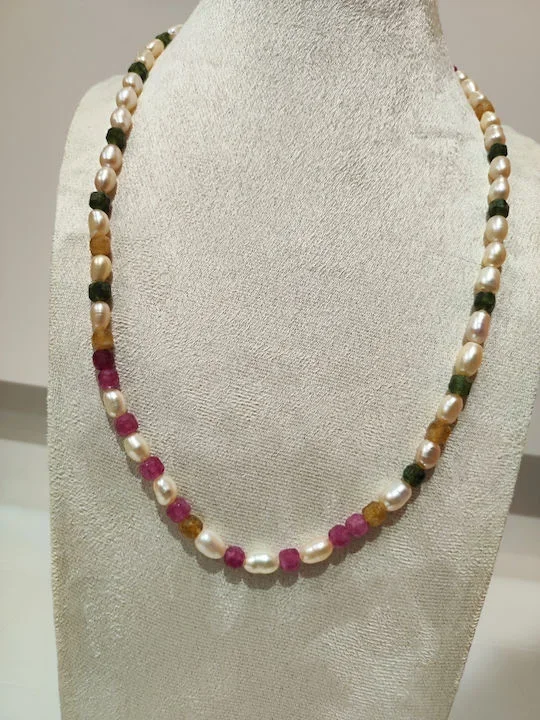 Φωτογραφία προϊόντος: Peach Jewelry Κολιέ Φυσικά Μαργαριτάρια Γλυκού Νερού 6mm & Πολύχρωμοι Φυσικοί Λίθοι 5mm - 52cm - 28gr | Ανοξείδωτο Ατσάλι