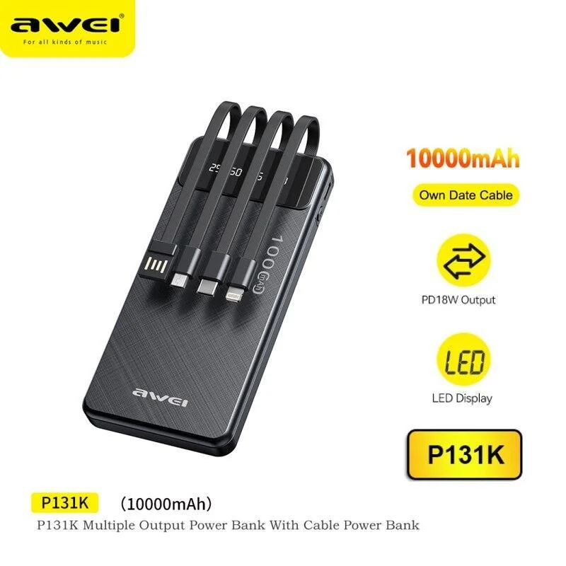 Φωτογραφία προϊόντος: OEM Powerbank 10000 mAh με Ενσωματωμένα Καλώδια Φόρτισης και Θύρα USB-C Awei P131K Μαύρο
