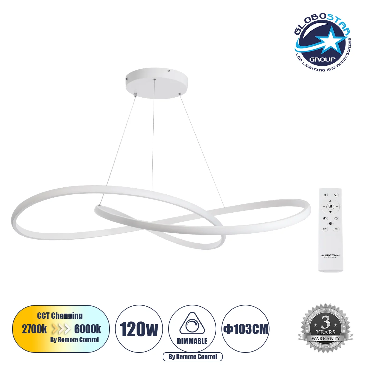 Φωτογραφία προϊόντος: GloboStar® DEXTER 60918 Κρεμαστό Φωτιστικό Οροφής Design LED CCT 120W 13440lm 300° AC 220-240V - Εναλλαγή Φωτισμού μέσω Τηλεχειριστηρίου All In One Ψυχρό 6000k+Φυσικό 4500k+Θερμό 2
