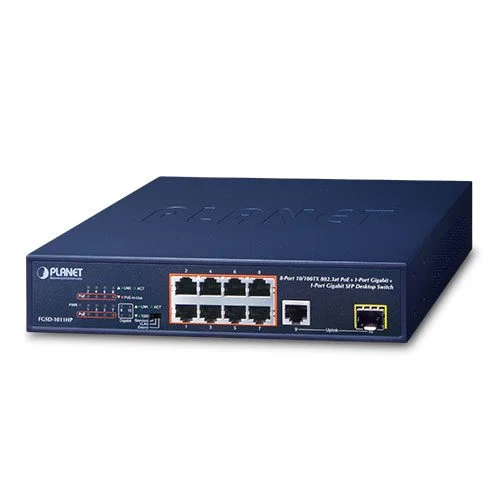 Φωτογραφία προϊόντος: PLANET FGSD-1011HP 8-Port 10/100TX 802.3at PoE + 1-Port 10/100/1000T + 1-Port 100/1000X SFP Desktop Switch (120 watts)