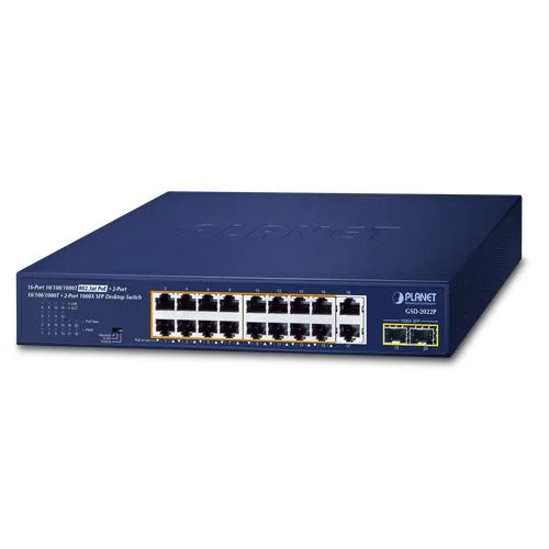 Φωτογραφία προϊόντος: PLANET GSD-2022P 16-Port 10/100/1000T 802.3at PoE + 2-Port 10/100/1000T + 2-Port 1000X SFP Desktop Switch