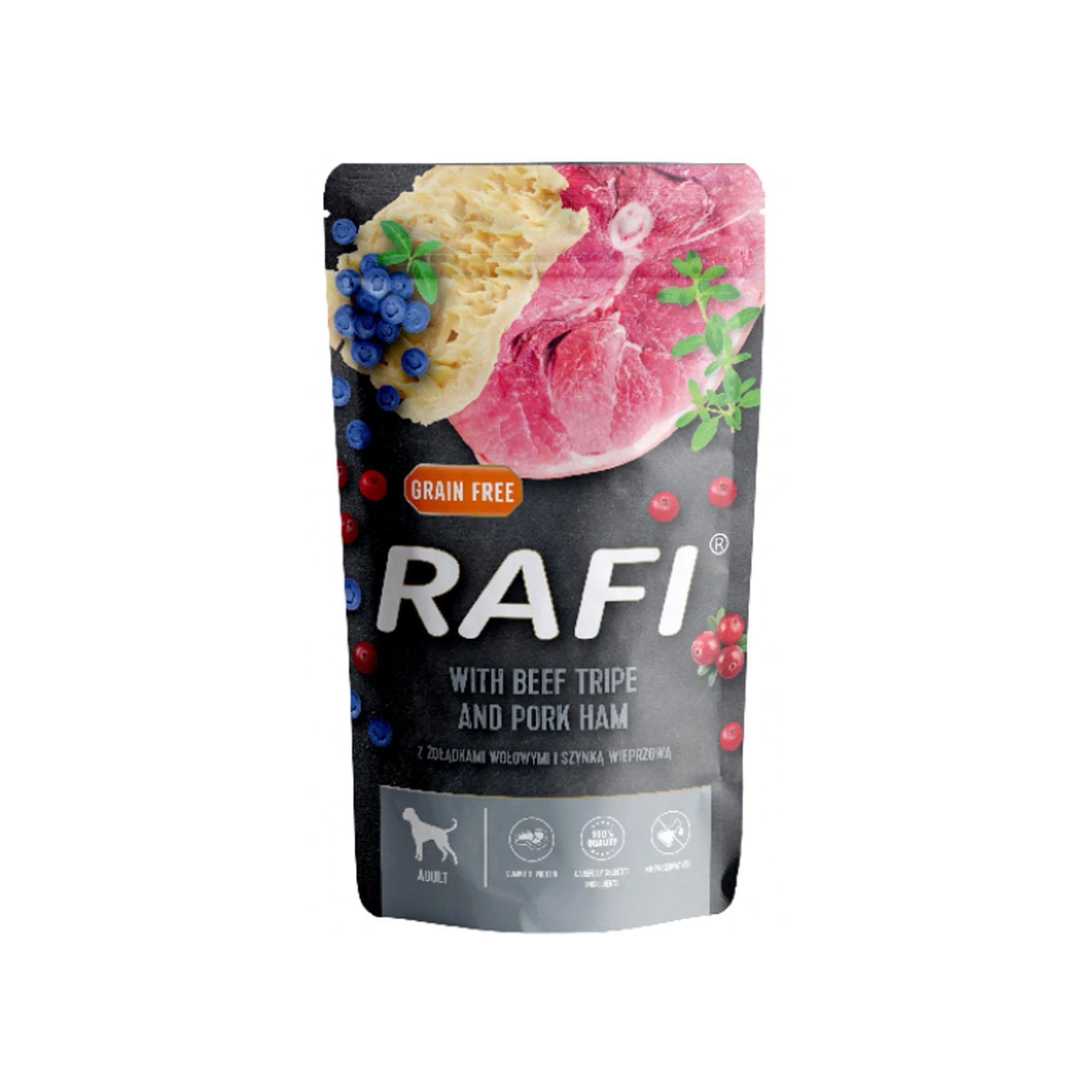 Φωτογραφία προϊόντος: Rafi Adult Πατέ Βοδινό Πατσά, Χοιρινό Blueberry + Cranberry Pouch 500gr