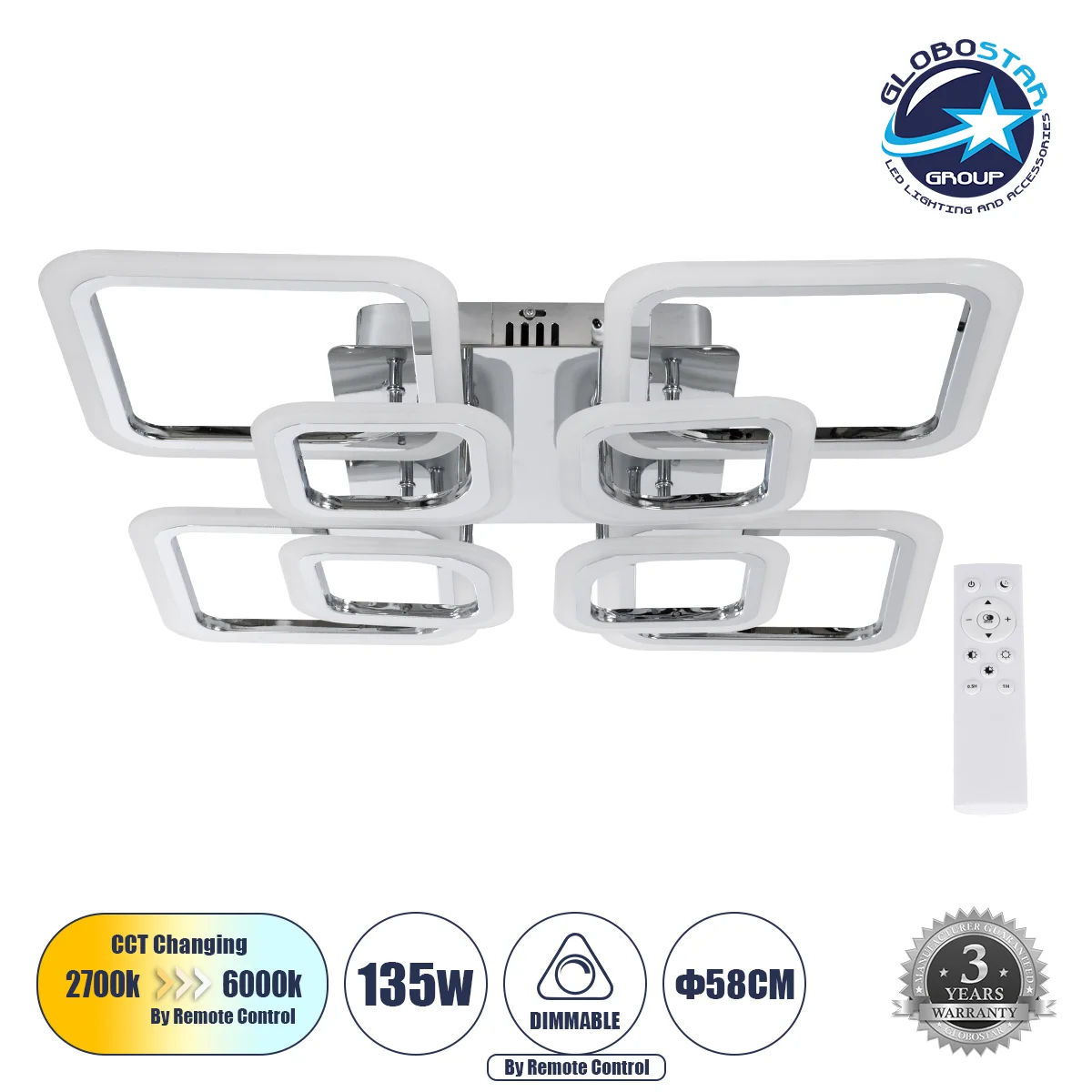 Φωτογραφία προϊόντος: GloboStar® ROYAL-S 61326 Φωτιστικό Οροφής Design LED CCT 135W 16200lm 360° AC 220-240V - Εναλλαγή Φωτισμού μέσω Τηλεχειριστηρίου All In One Ψυχρό 6000k+Φυσικό 4500k+Θερμό 2700k Dim