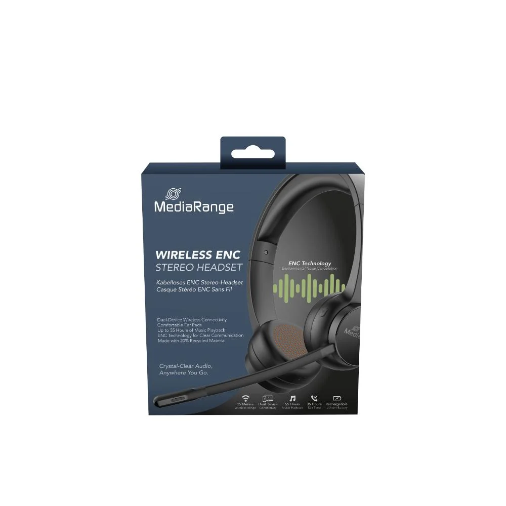 Φωτογραφία προϊόντος: MediaRange Wireless Stereo headset with microphone & ENC, 400mAh battery, black (MROS307)