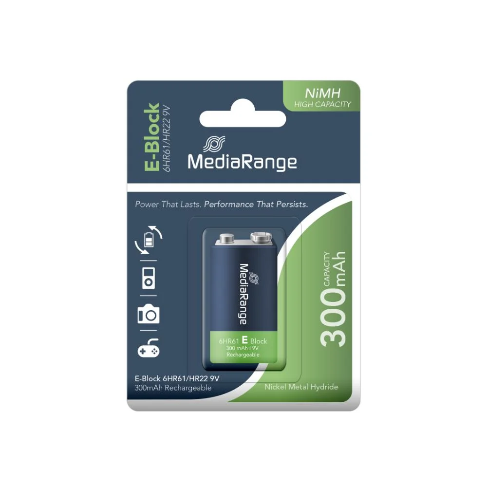 Φωτογραφία προϊόντος: MediaRange High Capacity Rechargeable NiMH Accu E-Block|6HR61/HR22|9V (MRBAT124)