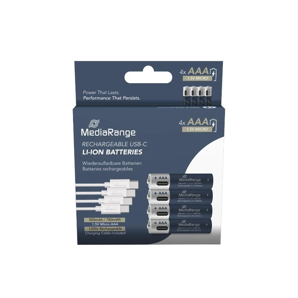 Φωτογραφία προϊόντος: MediaRange Rechargeable USB-C Li-Ion Batteries, Micro AAA I 1.5V I 500mAh, 4-Pack (MRBAT160)