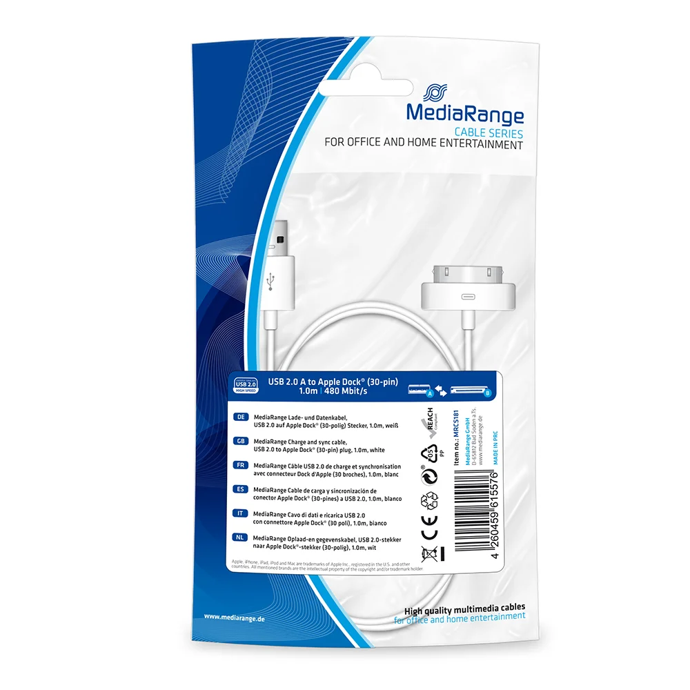 Φωτογραφία προϊόντος: Καλώδιο MediaRange Charge and sync, USB 2.0 to Apple Dock® (30-pin) plug, 1.0m, white (MRCS181)