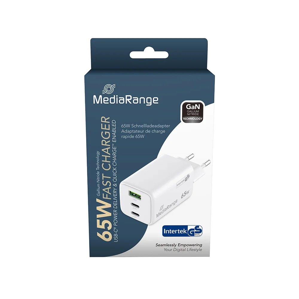 Φωτογραφία προϊόντος: MediaRange 65W GaN Fast Charging Adapter (EU-Plug), 2x USB-C and 1x USB-A, USB-C® Power Delivery and Quick Charge enabled, White (MRMA116-2