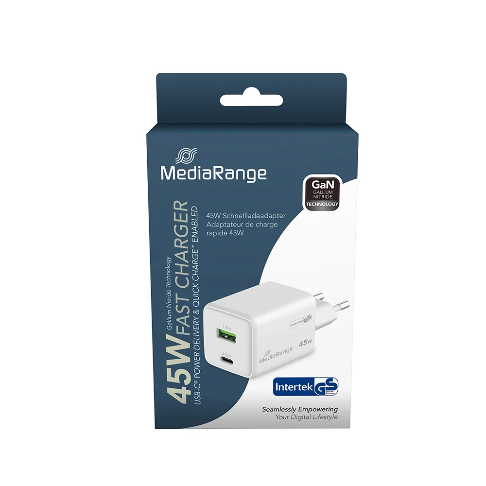 Φωτογραφία προϊόντος: MediaRange 45W GaN Fast Charging Adapter (EU-Plug), 1x USB-C and 1x USB-A, USB-C® Power Delivery and Quick Charge enabled, White(MRMA113-2)