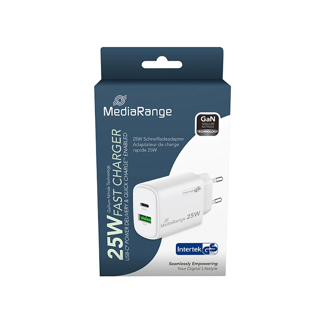 Φωτογραφία προϊόντος: MediaRange 25W GaN Fast Charging Adapter (EU-Plug), 1x USB-C and 1x USB-A, USB-C® Power Delivery and Quick Charge enabled, White) (MRMA112-2)