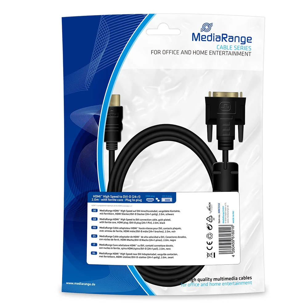 Φωτογραφία προϊόντος: Καλώδιο MediaRange HDMI to DVI connection, gold-plated, with ferrite core, HDMI plug /DVI-D plug (24+1 Pin), 2.0m, black (MRCS132)