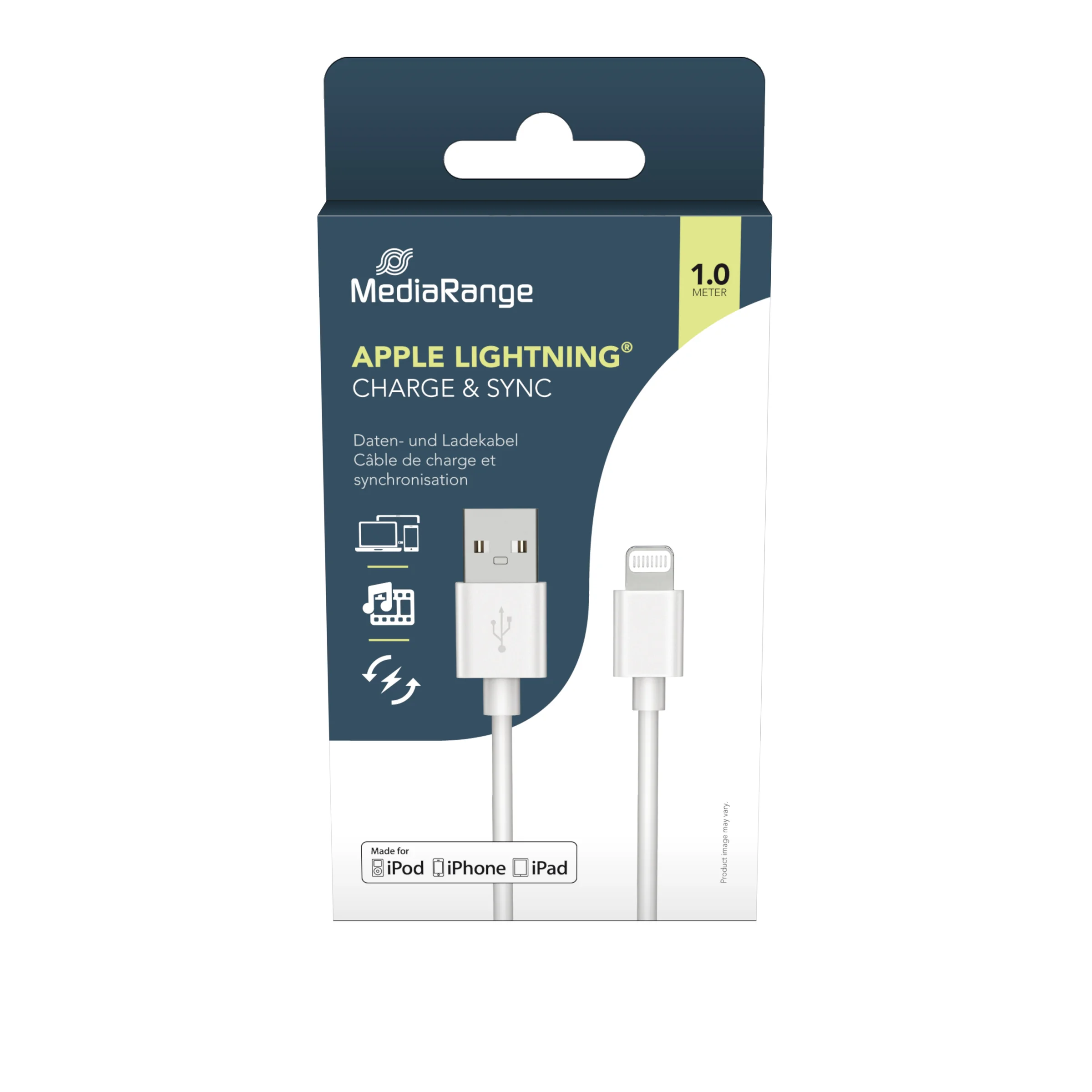 Φωτογραφία προϊόντος: Καλώδιο MediaRange Charge and sync, USB 2.0 to Apple Lightning® plug, 1.0m, white (MRCS178)