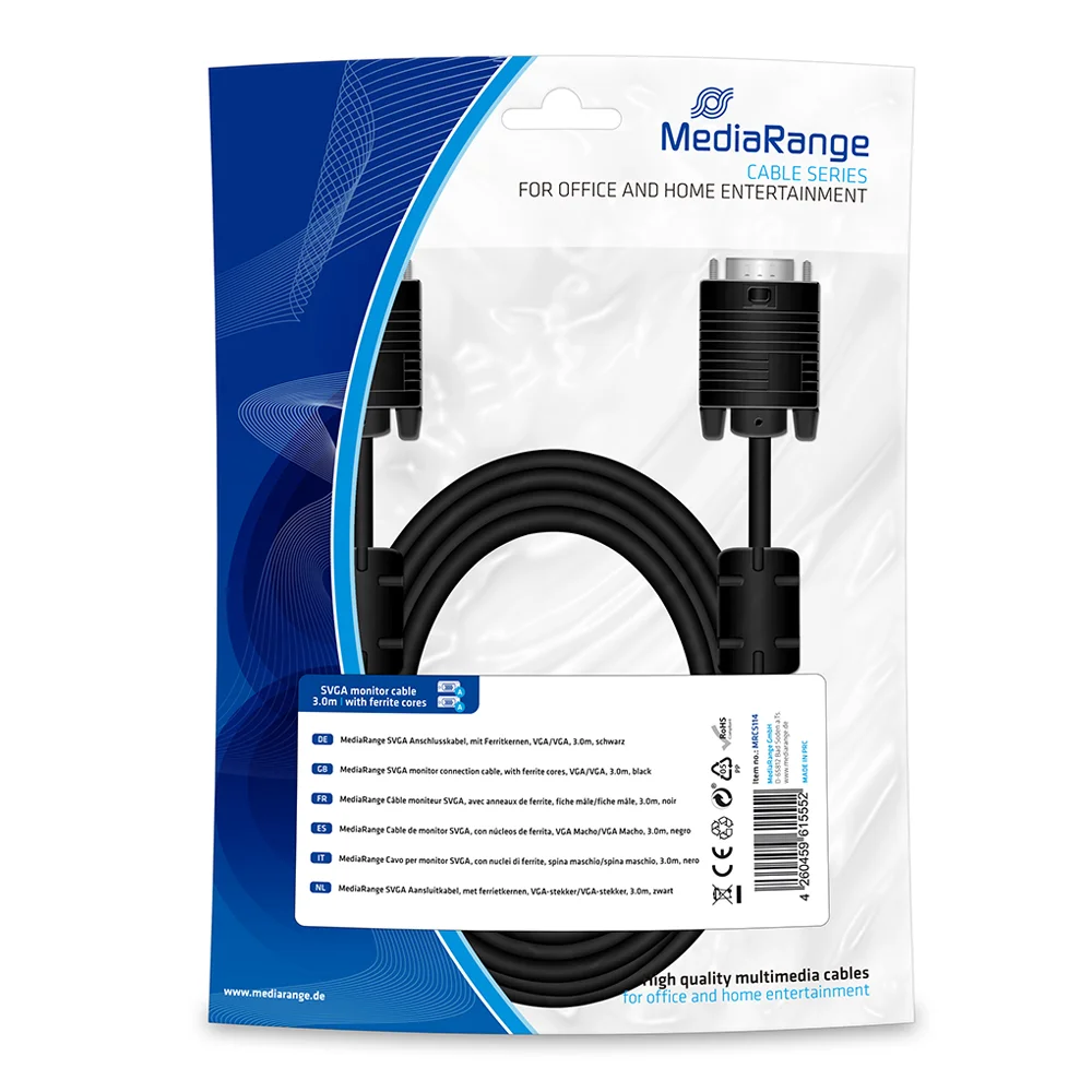 Φωτογραφία προϊόντος: Καλώδιο MediaRange SVGA monitor connection cable, with ferrite cores, VGA/VGA, 3.0m., Black (MRCS114)