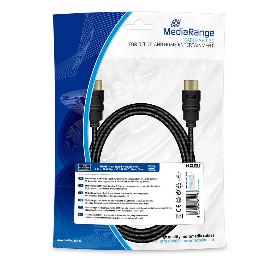 Φωτογραφία προϊόντος: Καλώδιο MediaRange HDMI High Speed with Ethernet connection, gold-plated contacts, 18 Gbit/s data transfer rate, 2.0m, cotton, black (MRCS196)