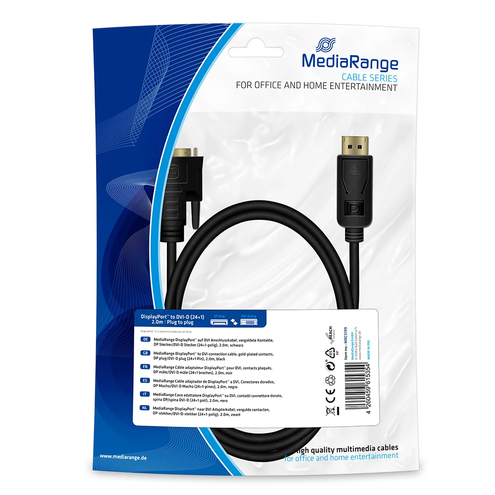 Φωτογραφία προϊόντος: Καλώδιο MediaRange DisplayPort to DVI connection, gold-plated contacts, DP plug /DVI-D plug (24+1 Pin), 2.0m, black (MRCS199)