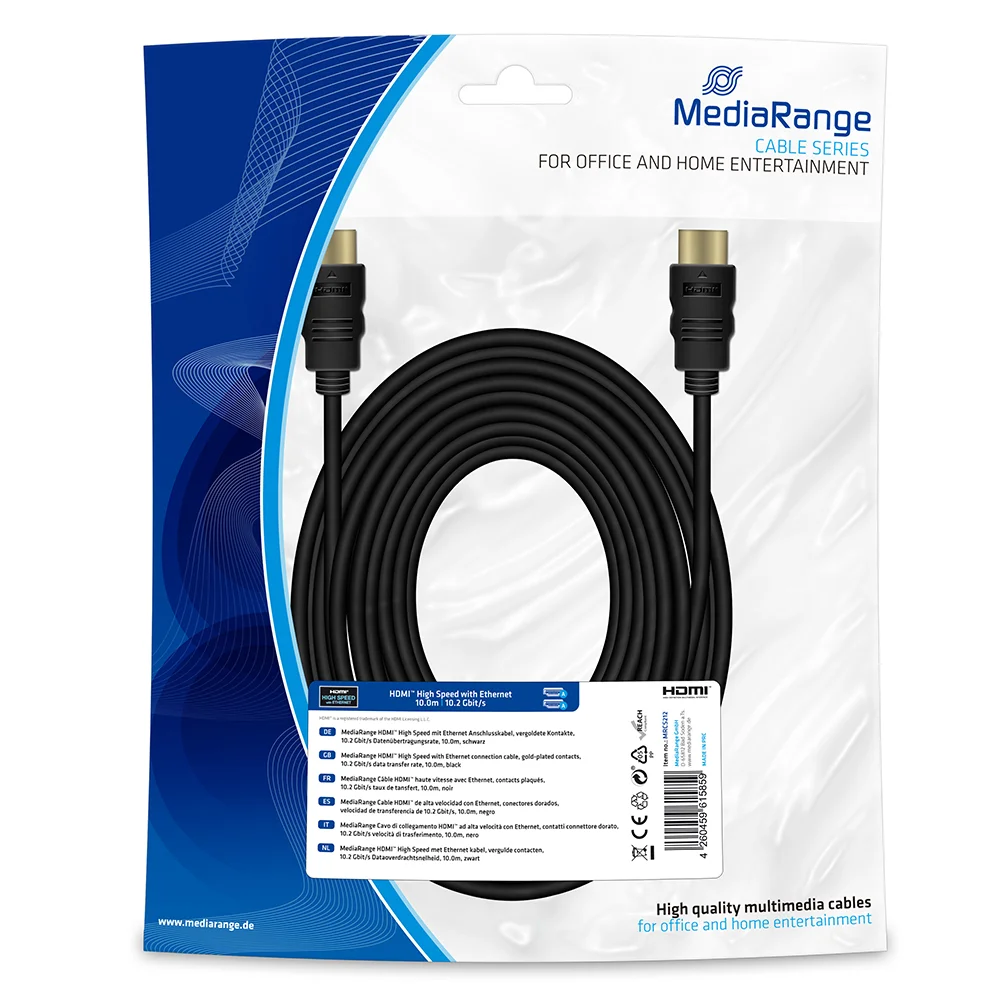Φωτογραφία προϊόντος: Καλώδιο MediaRange HDMI High Speed with Ethernet connection cable, gold-plated contacts, 10.2 Gbit/s data transfer rate, 10.0m, black (MRCS212)
