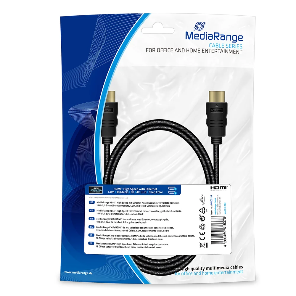 Φωτογραφία προϊόντος: Καλώδιο MediaRange HDMI High Speed with Ethernet connection, gold-plated contacts, 18 Gbit/s data transfer rate, 1.0m, cotton, black (MRCS195)