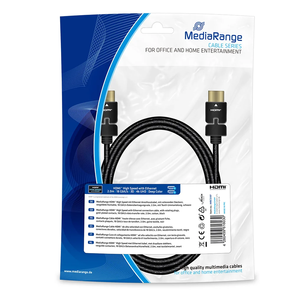 Φωτογραφία προϊόντος: Καλώδιο MediaRange HDMI High Speed with Ethernet connection, with rotating plugs, gold-plated contacts, 18 Gbit/s data transfer rate, 2.0m, cotton, black (MRCS197)