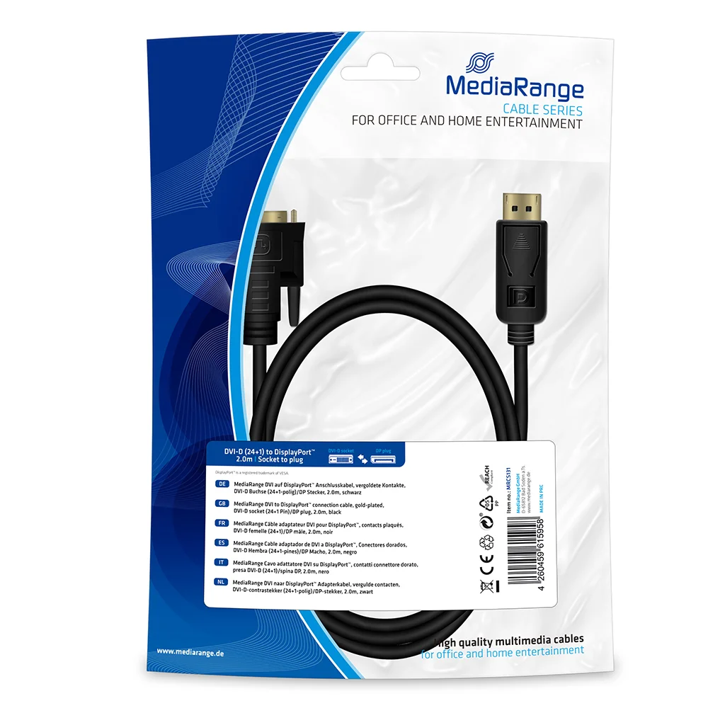 Φωτογραφία προϊόντος: Καλώδιο MediaRange DVI to DisplayPort connection, gold-plated, DVI-D socket (24+1 Pin)/DP plug, 2.0m, black (MRCS131)